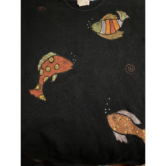 Black Light Slub Relaxed 100% Cotton Painted Fish Drop Shoulder One size Sweater - Picture 2 of 9